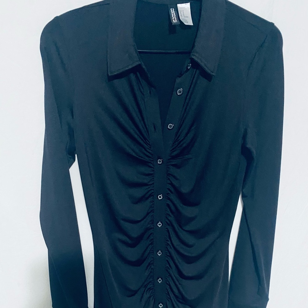H&M Elegant Black Ruched Long Sleeve Dress